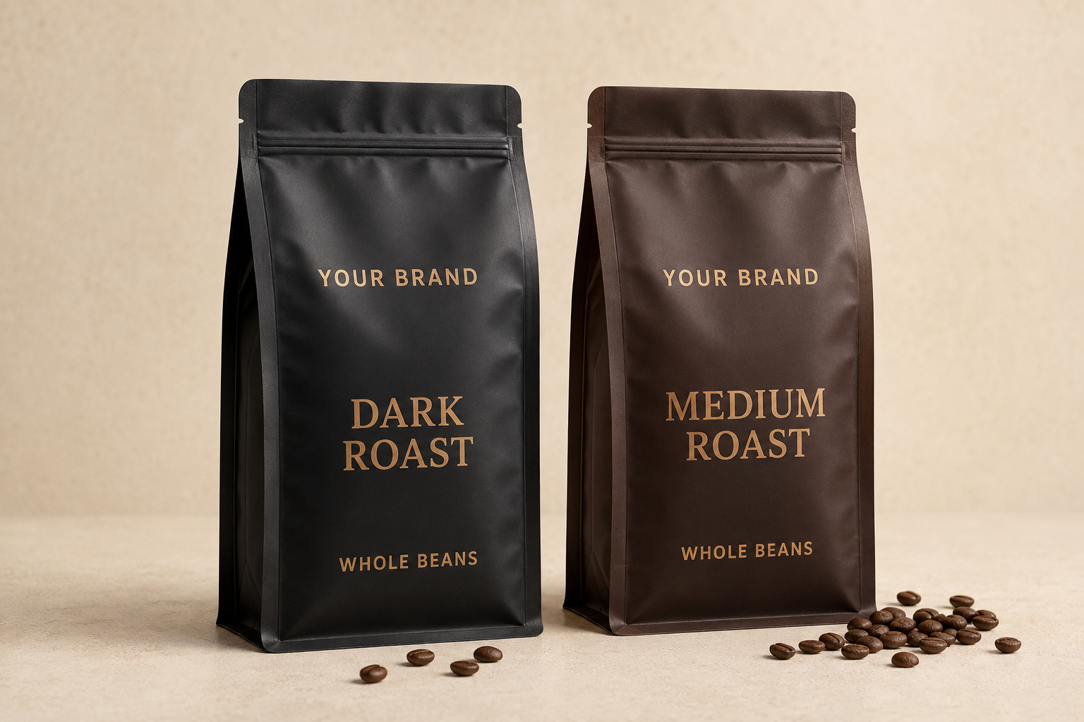 Your Brand medium roast and dark roast whole coffee beans in resealable pouches