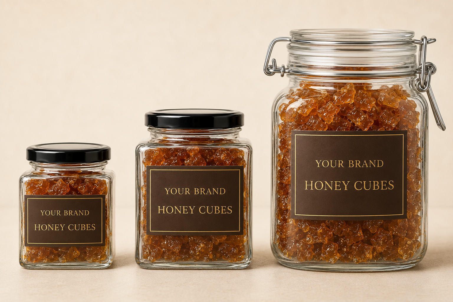 Your Brand honey cubes in square glass jars and a larger clip-top jar