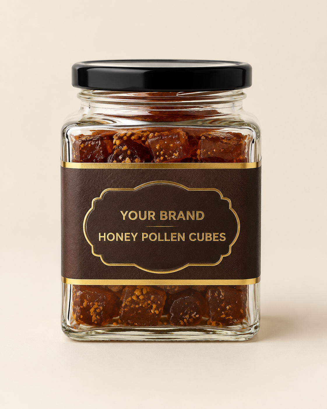 Your Brand Honey Pollen Cubes in a 300 gram square glass jar
